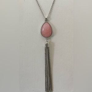 LONG FRINGE TASSEL PINK TEARDROP CABOCHON PENDANT NECKLACE